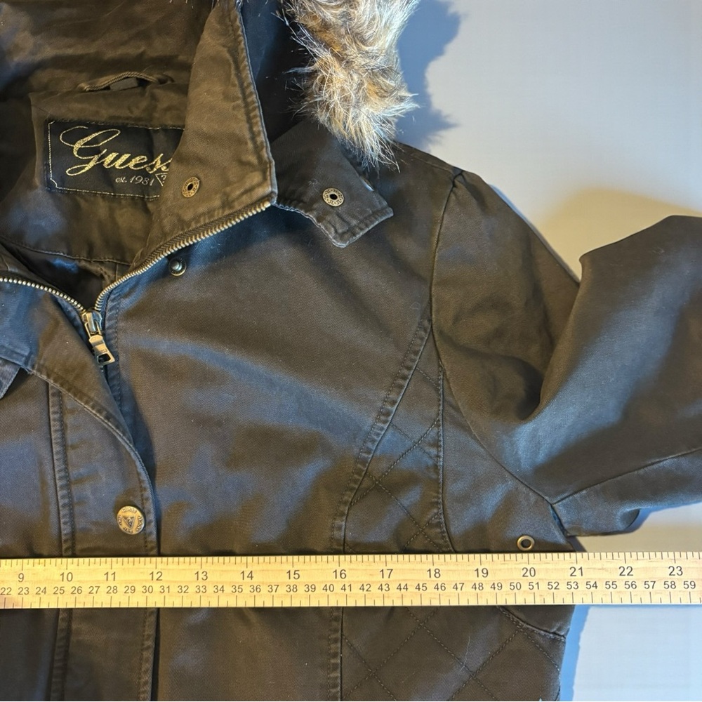 🚨3 for $15 GUESS Y2K Olive Green Jacket Coat Faux Fur Hood Women's Size Large - Picture 6 of 10